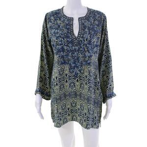 Amaya Womens Abstract Print Embroidered Tunic Dress Green Navy Blue Size EUR 36